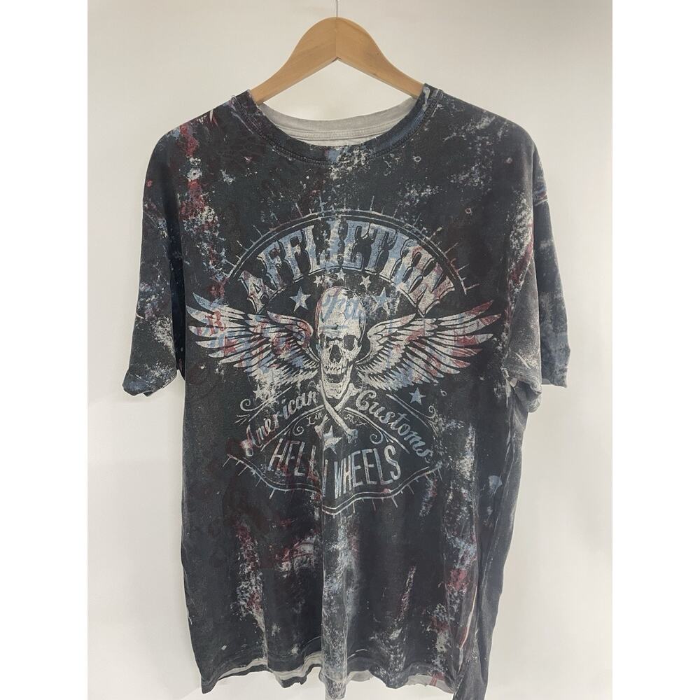 Y2K Affliction Acid Wash Tie Dye Skull Shirt Black Blue Red Size XL